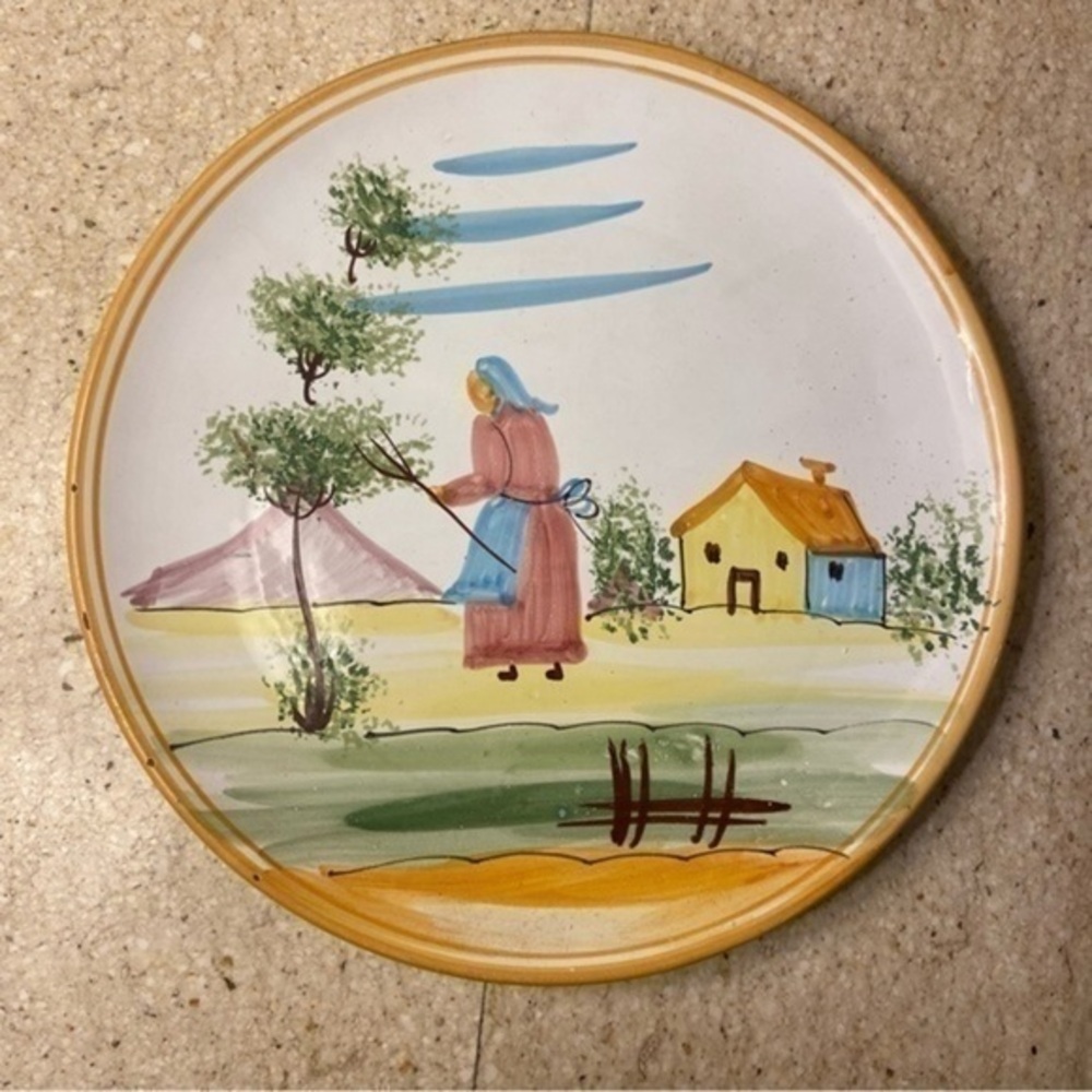 Vintage Italian Pottery Plate Wall Charger Farmer Hand Painted Made In Italy